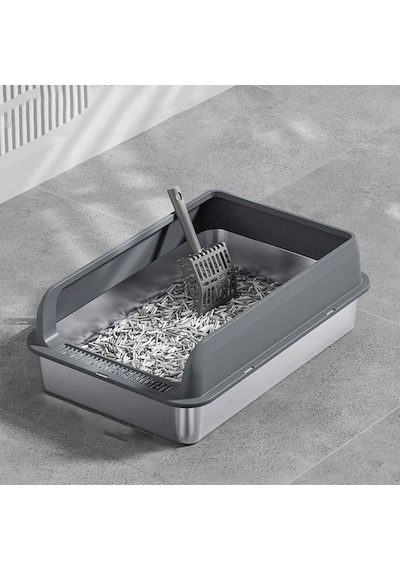 Mozonone Paslanmaz Çelik Yarı Kapalı Kedi Tuvaleti Metal Kum Kabı Üstten Giriş Yüksek Kenar Kürekli