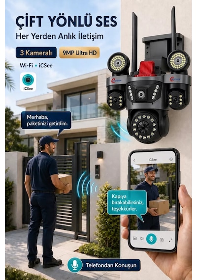 İcsee 9003 9mp 3 Lens Wifi Güvenlik Kamerası, Motorlu Gece Görüşlü Dış Mekan Kamera, 32gb Kart Ve Adaptör