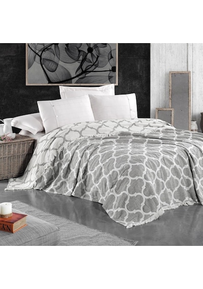 Damask Design Çift Taraflı Jakarlı Keten Pamuk Dokuma Battal Boy( Antrasit-240X260 Cm Antrasit