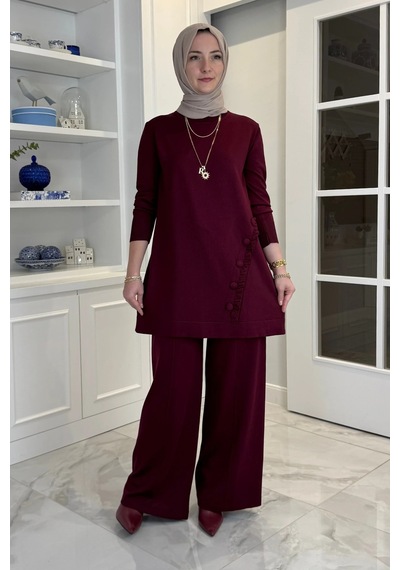 Rabia Şamlı Feryal Pantolonlu Triko Takım Bordo Normal