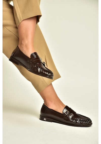 Fox Shoes Z820024208 Kahverengi Rugan Büzgü Detaylı Çift Tokalı Loafer Ayakkabı