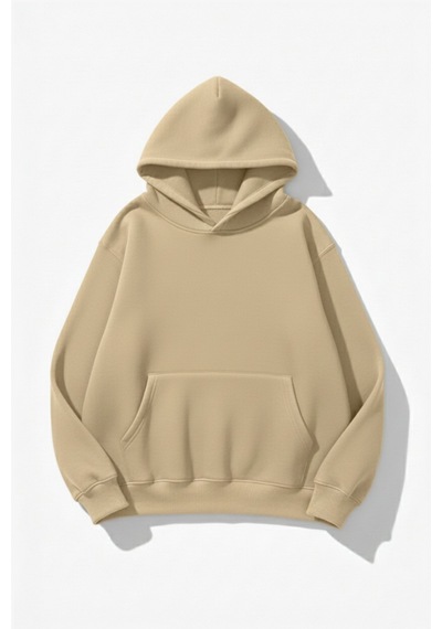 Uyguntarz Unisex Yumuşak Dokulu California Retro Baskılı Tasarım Oversize 3 İplik Hoodie Sweatshirt Bej