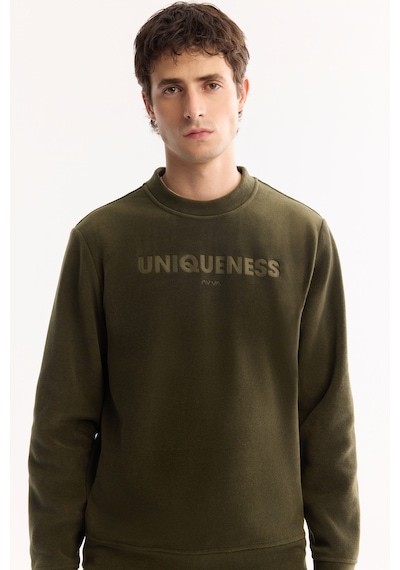 Avva Erkek Haki Bisiklet Yaka Soft Touch Baskılı Polar Regular Fit Sweatshirt A52y1269