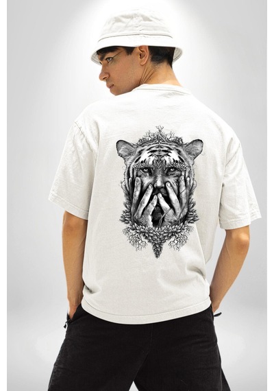 Yarım İnsan Yarım Leopar Mutant Leopar Kral Beyaz Oversize Unisex Ön Ve Sırt Baskılı Tişört Beyaz