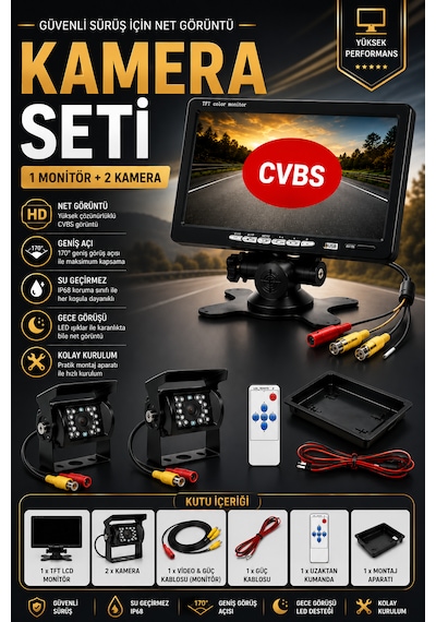 2 Kameralı 7'' İnç Monitörlü Kumandalı Araç Monitör Seti