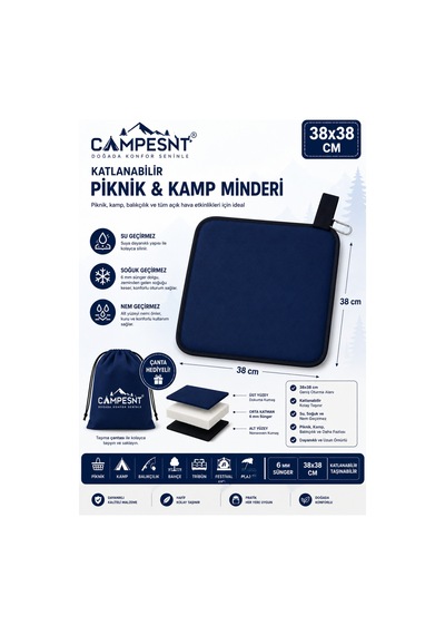 Campesnt Katlanabilir Piknik & Kamp Minderi 38 38 Cm 6 Mm Süngerli Çanta Hediyeli Lacivert