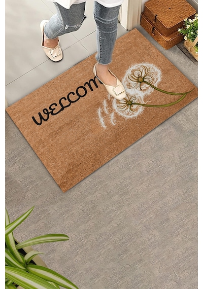 Valerine Life Karahindiba Dilek Otu Temalı Kahverengi Welcome Hoş Geldiniz Kapı Önü Paspası 45x70cm Kahverengi