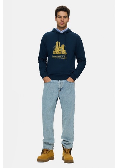 UCLA Thayer Lacivert Kapüşonlu Pamuklu Baskılı Loose Fit Erkek Sweatshirt