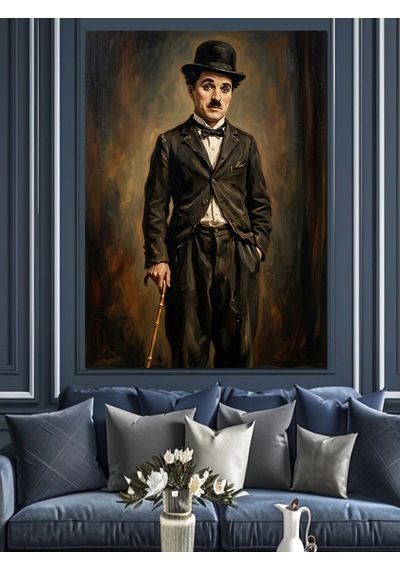 Bastonlu Şık Charlie Chaplin Tablosu Dekoratif Kanvas - Mdf Ahşap Tablo