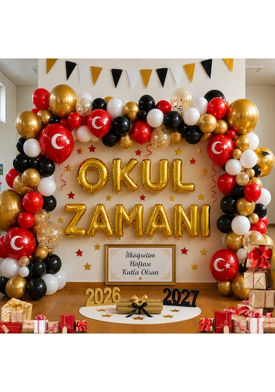İlköğretim Haftası Konulu Okul Zamanı Gold Folyo Harfler Beyaz Kırmızı Siyah Gold Balonlar Okul Sınıf Pano Süsleme