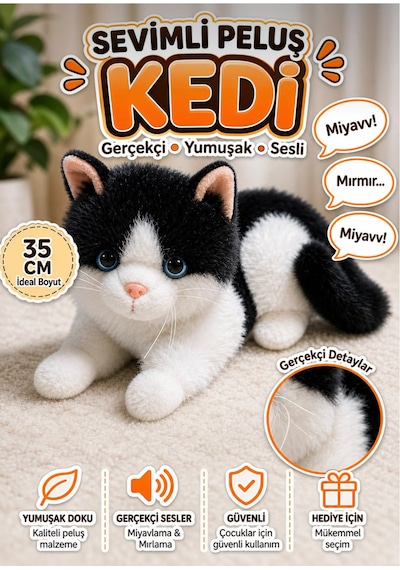 Oyuncak Pilli Sesli Peluş Kedi 35 Cm Gerçekçi Miyavlayan Yumuşak Dokulu Çocuk Oyuncağı Siyah