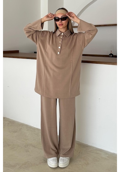 Olcay Gömlek Yaka Premium Örme Kumaş Tunik Pantolon Takım Kamel 9374-tk