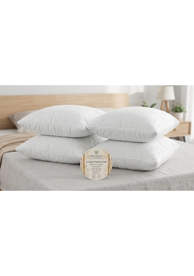4 Adet Bamboo Kılıflı Yastık Seti Yıkanabilir Antialerjik Elyaf Yastık 50x70cm 800 Gr Beyaz
