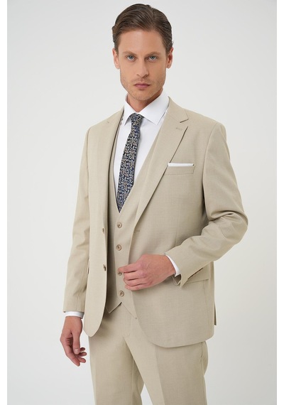 Efor Slim Fit Dokulu Çift Yırtmaç Yelekli Klasik Bej Takım Elbise Tk 898 Bej