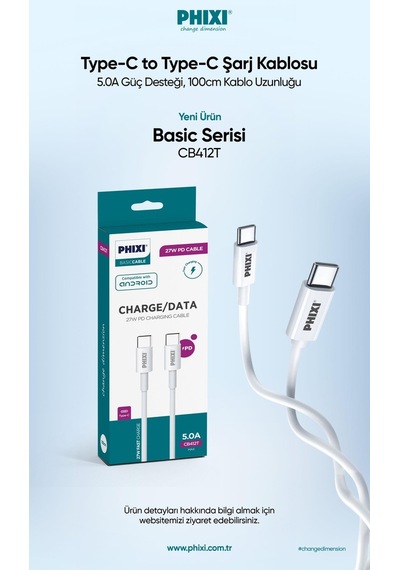 Phixi Basic CB412T Type-C to Type-C USB Şarj Kablosu