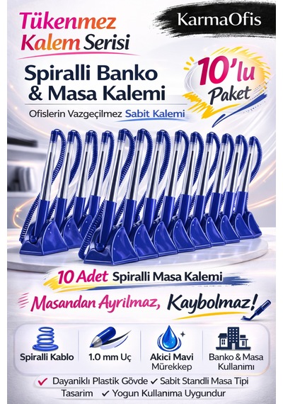 Spiralli Banko & Masa Kalemi 1.0 Mm Mavi Mürekkepli Sabit Standlı Ofis Kalemi 10 Adet Mavi 10