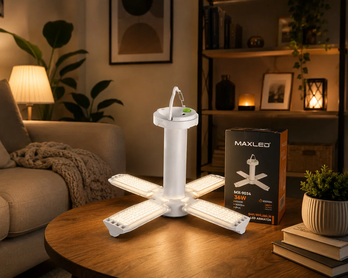 Maxled Led'li Işıldak 36w 3000lm 6500k Şarjlı Type-c Ip44 Pervane Kamp Armatürü / El Feneri Beyaz