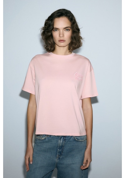 Grımelange Tılorıa Kadın Organik Pamuklu Baskılı Bisiklet Yaka Regular Fit Somon T-shirt Somon