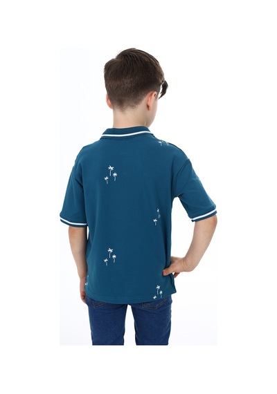 Toontoy Kids Toontoy Erkek Çocuk Polo Yaka Palmiye Baskılı Tişört Petrol Mavi