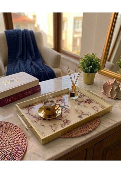 Modern Kuş Figürlü Krem Gold Çerceveli Kulplu Dekoratif Sunum Tepsisi