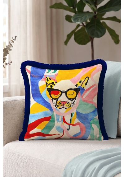 Pop Art Kedi Figürlü Renkli Saçaklı Yastık Kılıfı - Soyut Mavi Lacivert Püsküllü Kırlent Kılıfı Sessiz Kanyon Nova Pop Art Kedi Figürlü Renkli Saçaklı Yastık Kılıfı - Soyut Mavi Lacivert Püsküllü Kırlent Kılıfı Sessiz Kanyon Nova