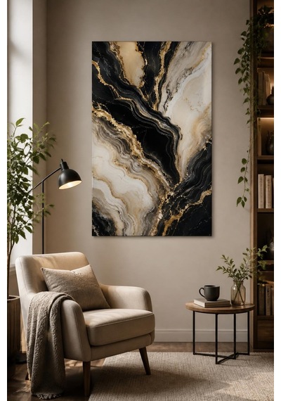 Siyah Gold Mermer Desenli Baskılı Cam Tablo Lüks Modern Duvar Dekoru