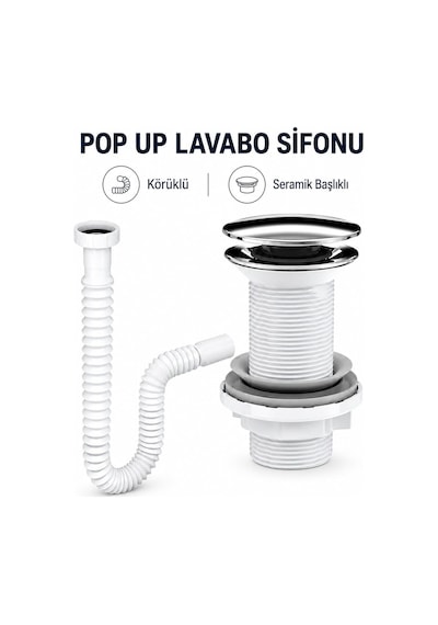 Lexroo Lavabo Sifonu Felix Pop-up Beyaz Evye Lavabo Gider Borusu Koku Önleyici Süzgeçli Bağlantı Standart
