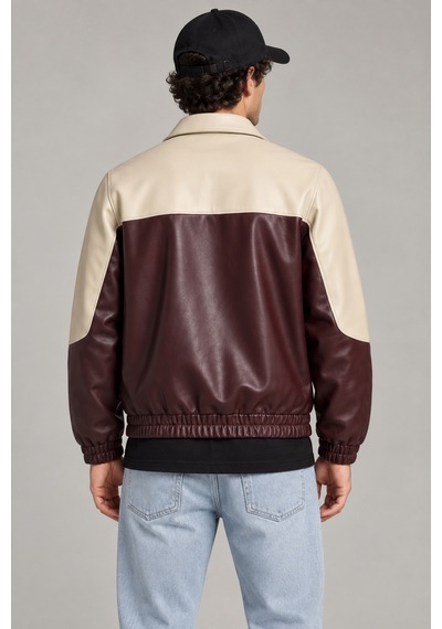 Maison Rae Erkek Bordo, İçi Kürklü, Çift Renkli, Yazı Detaylı,oversize Suni Deri Bomber Ceket