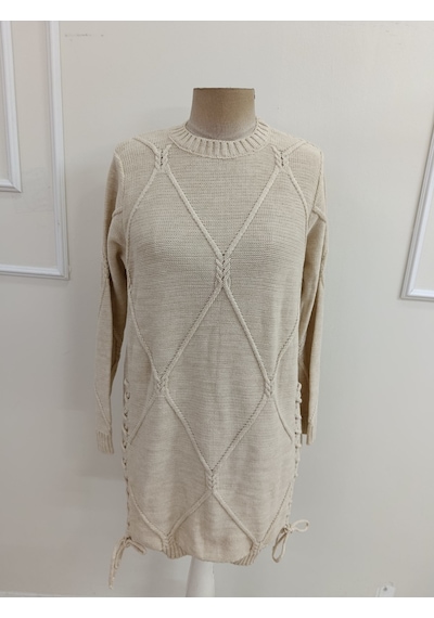 Bhrwear Kadın Uzun Kollu Yuvarlak Yakalı Yandan Bağcıklı Kısa Triko Elbise Renkli
