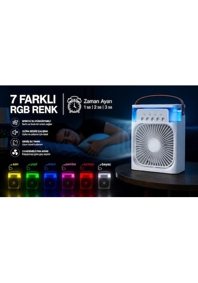 Spreyli Su Püskürtmeli Y Gözlü 3 Kademeli Soğutucu Fan Hava Nemlendirici Renkli Rgb 7 Renk Modu Zaman Ayarlı Masa Üstü Kullanım Taşınabilir Ev Ofis Gece Lambası