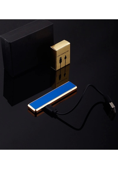 Şık Görünümlü Usb Şarjlı Rezistanslı İnce Slim Metal Çakmak Mavi Lisinya
