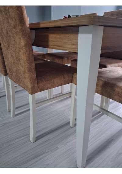 Masa Sandalye Mizan 90656 Ceviz Tabla Kırık Beyaz Ayak 6 Adet Sandalye Ahşap  -  Beyaz