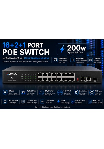 16+2+1 Sfp Poe Switch 10/100/1000mbps 200w Gigabit