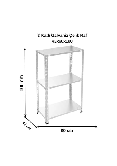3 Katlı Galvaniz Çelik Raf - Depo, Arşiv, Kiler, Dosya, Market Rafı 43x60x100 Cm