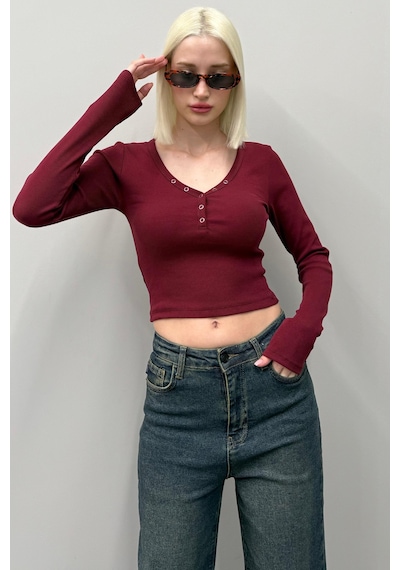Madmext Bordo V Yaka Uzun Kollu Düğme Detaylı Kaşkorse Bodysuit Mg2194 Bordo