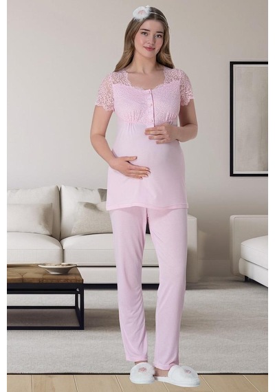 Mecit Pijama Mecit 6062 Pembe Sabahlıklı Gecelik Pijama Lohusa Set 001