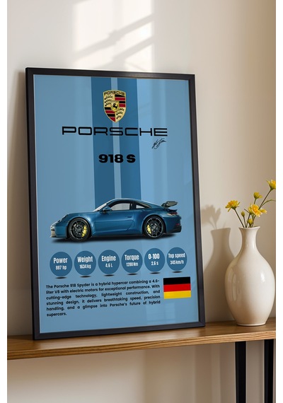 Porsche 918 Spyder Premium Hiper Araba Tablosu - Teknik Özellikli Hibrit Duvar Dekoru Siyah