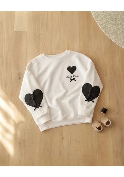 Roya Kız Çocuk Beyaz Kalp Detaylı Sweatshirt Kışlık