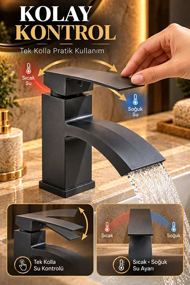 Lavabo Bataryası Şelale Akışlı Antrasit Banyo Lavabo Musluğu Modern Armatür