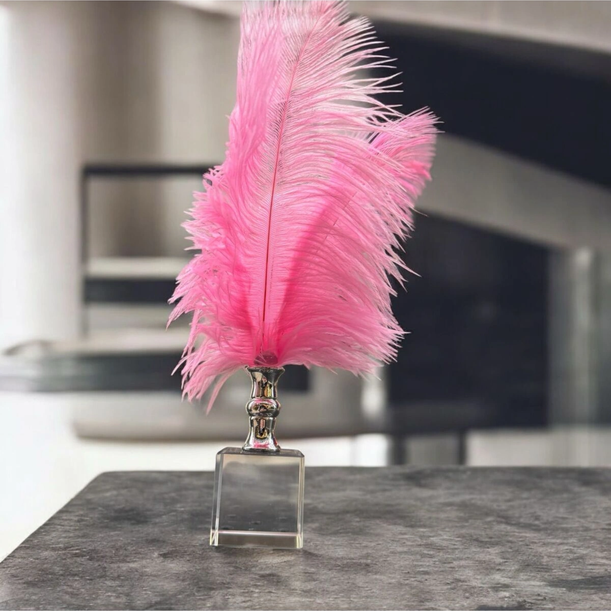 Dekoratif Küçük Boy Küp Kristal Cam Deve Kuşu Tüyü Açık Pembe Gümüş