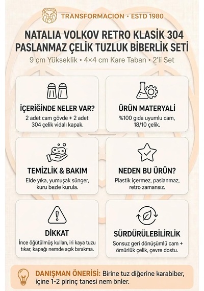 Retro Klasik 304 Paslanmaz Çelik Başlıklı Cam Tuzluk Biberlik Seti 9x4 Cm 2li Baharatlık 723681 Diğer