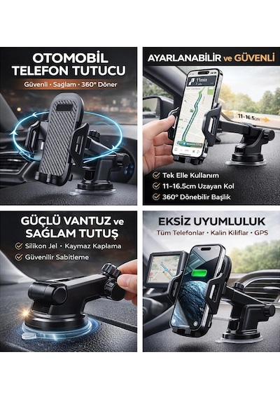 Platoon Pl-8621 Ayarlanabilir Vantuzlu Araç Telefon Tutucu 360 Dönebilir Universal Oto Telefon Tuta