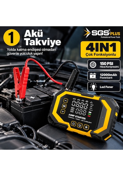 Sgs Plus 4'ü 1 Arada Akım Korumalı Akü Takviye Cihazı 12.000 Mah Powerbank, 150 Psı Lastik Şişirme, Led Fener