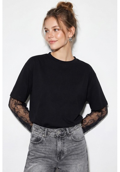 Shade Kadın Bisiklet Yaka Dantel Kollu Oversize Pamuklu T-shirt 1049 60286075 - Siyah
