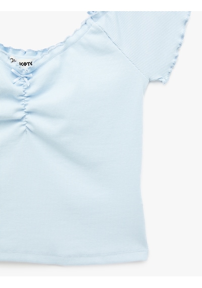 Koton Slim Fit Büzgülü Kayık V Yaka Kısa Kollu Tişört Mavi 6sal10128ık Mavi
