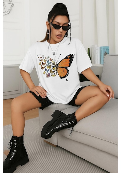 Kelebek Baskılı Oversize Unisex Tişört BEYAZ