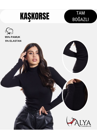 Alya Underwear Kaşkorse Tam Boğazlı Body Sweatshirt, Fitilli Kumaş, Likralı, Gül Kurusu SIYAH