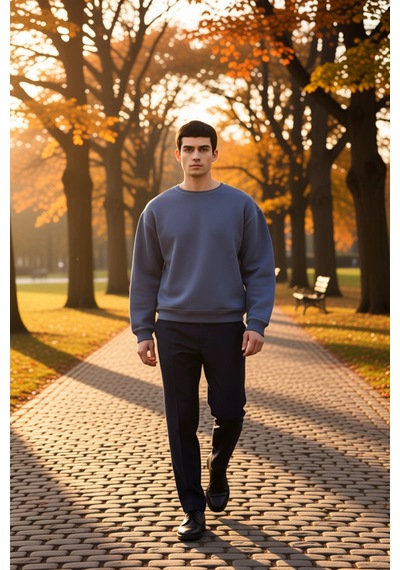 Benerly Erkek Bisiklet Yaka Düşük Kol Oversize Kalıp Sweatshirt Fonksiyon Indigo