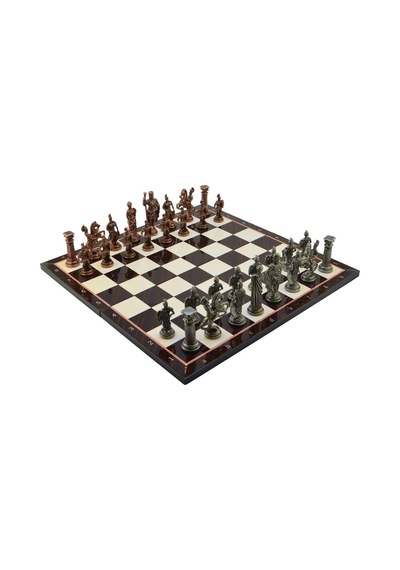 Gifthome Battal Boy Metal Roma Satranç Takımı Antik Ve Katlanır Ceviz Desenli Mdf Satranç Tahtası 43x43 Cm.