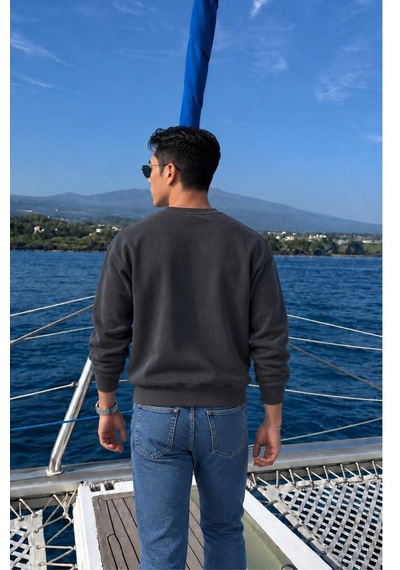 Tarz Cool Erkek Organik Pamuklu Yumuşacık Baskı Detaylı Bisiklet Yaka İçi Polarlı Sweatshirt Siyah